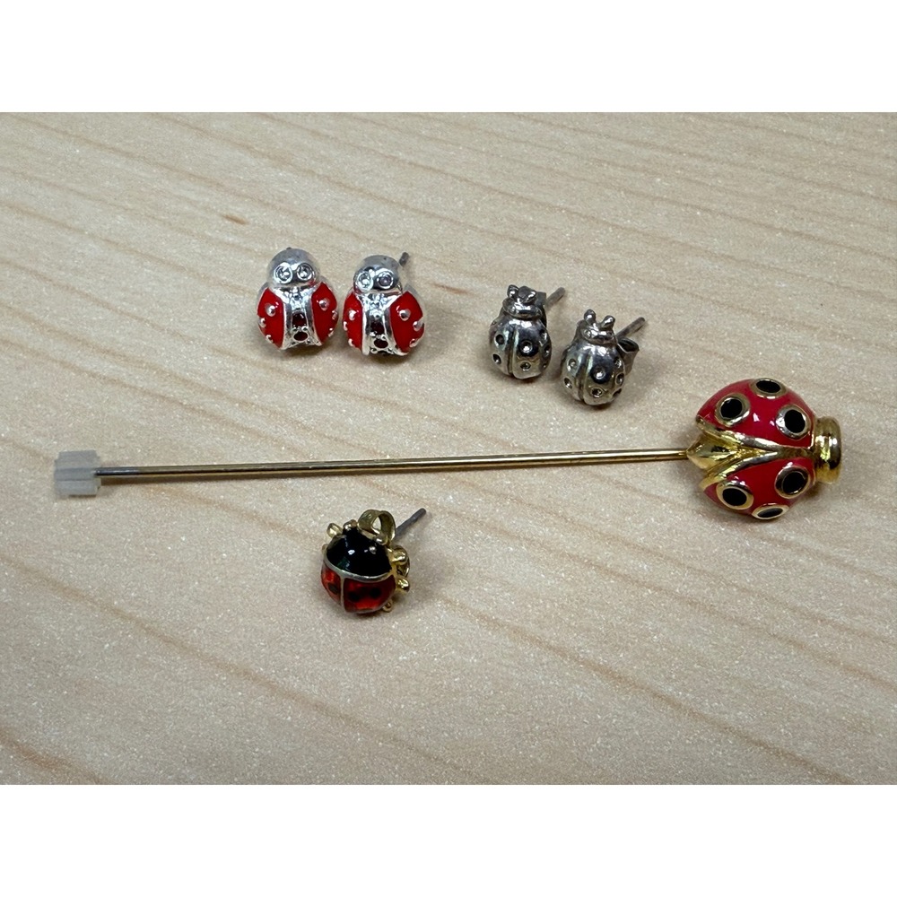 Avon Ladybug Jewelry Set 6pc Red Silver Gold Enamel Stud Earrings & Stick Pin